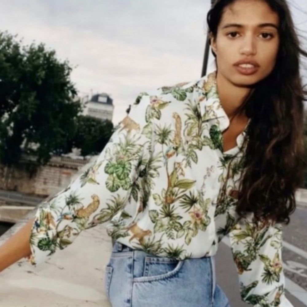 Zara Jungle Tropical Print Shirt Top Green/White Satin Long Sleeve XL Farm Rio